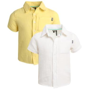 Imagem de DKNY Camisa de botão para meninos - Pacote com 2 camisetas casuais de manga curta - Camisa infantil com colarinho para meninos (4-18), Amarelo claro/branco inverno, 14-16