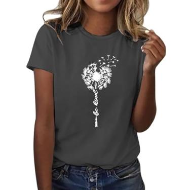 Imagem de Camiseta feminina com estampa floral de dente-de-leão manga curta gola redonda camiseta moderna mais quente feminina inverno, Cinza escuro, M