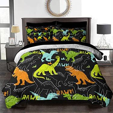 Imagem de BlessLiving Jogo de cama de dinossauro para meninos, 8 peças, verde, amarelo e laranja (1 edredom, 2 fronhas, 2 fronhas, 1 lençol de cima, 1 lençol com elástico, 1 fronha)