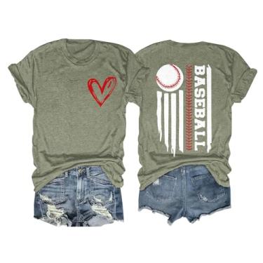 Imagem de Camiseta de beisebol feminina com bandeira americana, casual, manga curta, beisebol, estampa de coração, 4 de julho, camisetas patrióticas, camisetas engraçadas, Verde, P