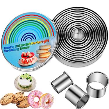 Imagem de KSPOWWIN Conjunto de 12 peças de cortadores de biscoito com caixa de lata, cortadores redondos de borda lisa, moldes de metal para assar, cortadores de bolachas de aço inoxidável, cortadores de