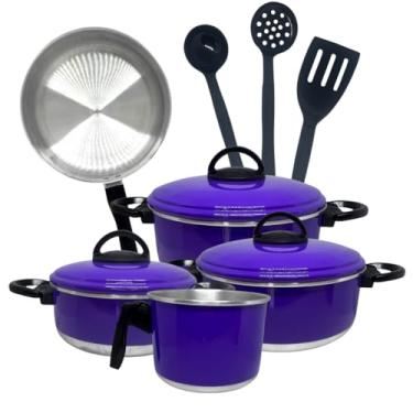 Imagem de Conjunto de Panelas 8 Peças Alumínio Esmaltado Cor Roxo Violeta | Com Utensílios de Cozinha, Caçarolas com Tampa, Frigideira e Leiteira