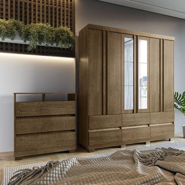 Imagem de Kit Guarda Roupa Casal Arizona 6 Portas Com Espelho e Cômoda Austin 3 Gavetas Malbec I01 - Clique Chique Móveis