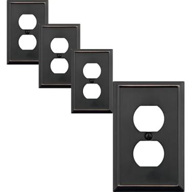 Imagem de OKAWYC Tampa de interruptor de luz de tomada dupla única placa de parede de metal, pacote com 4 unidades bronze envelhecido 1 grupo, para interruptor de luz de receptáculo, capa de interruptor