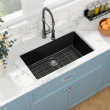 Imagem de Sarlai 33 Pia de cozinha preta composta de granito - 84 x 48 cm Pia de cozinha de granito preto fosco composto de quartzo único tigela preta sob o balcão pia pia com grade de aço inoxidável