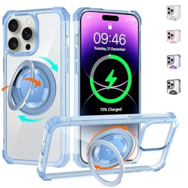 Imagem de WPCase Capa transparente para iPhone 14 Pro Max com suporte magnético giratório 360 [compatível com MagSafe], capa de grau militar resistente com suporte de anel para mulheres e homens, azul