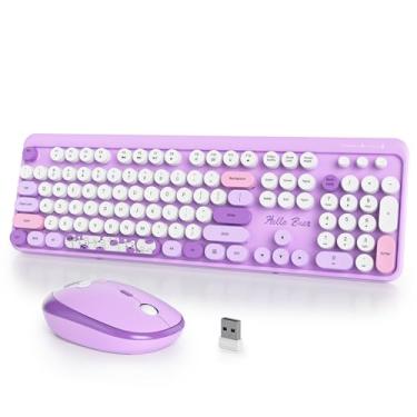 Imagem de iTastatur Combo de teclado e mouse sem fio para máquina de escrever, 2,4 G, escritório, 104 teclas, retrô, punk, tamanho completo, lindo teclado roxo com teclas redondas para laptop, PC, desktops
