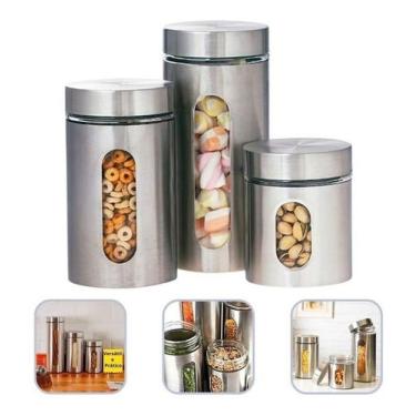 Imagem de Potes De Mantimentos Em Inox E Vidro Conjunto 3 Peças - Wincy