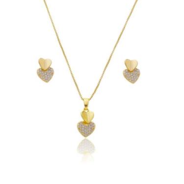 Imagem de Conjunto Brinco e Colar Coração Zircônia Feminino Delicado - Enzara Jó