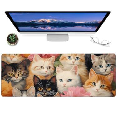 Imagem de ainori Tapete de rato adorável para jogos de gato – Tapete de mesa de borracha antiderrapante de 30,5 x 80 cm com design floral e gatinhos fofos – Tapete grande estendido para laptop de escritório e