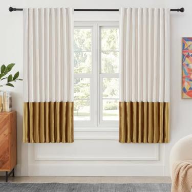 Imagem de Cortinas de veludo para sala de estar creme marfim dourado 160 cm de comprimento, 2 painéis, cortinas blackout modernas com bloco de cores, bolso traseiro para varão, cortinas à prova de som, para