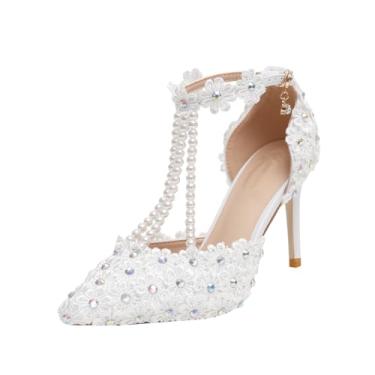 Imagem de Sapatos de noiva de renda branca floral strass salto alto vestido de noiva com contas pérola alça de pulso bico fino sandálias femininas salto médio sapatos de salto baixo, Salto de 9 cm, 35