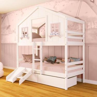 Imagem de Beliche Casinha dos Sonhos com 02 Gavetas Kit Escada/ Escorregador Mad