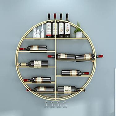 Imagem de Prateleira de armazenamento de garrafa de vinho redonda montada na parede, suporte para pendurar em taça de vidro de metal dourado, bar, adega, balcão de cozinha, prateleiras flutuantes, decoração de