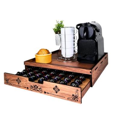 Imagem de Bandeja Porta Cápsulas com gaveta cor amadeirada para capsula Nes Presso capacidade para 63 capsulas