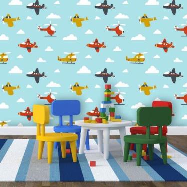 Imagem de Papel de Parede Autocolante Infantil Azul Avião 270 - Inove Papéis de 