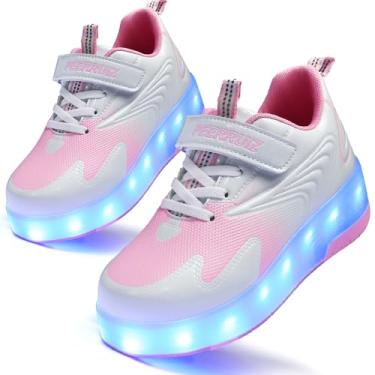 Imagem de HHSTS Tênis de skate para meninos e meninas, tênis com modos de iluminação 11/16, rodas grandes resistentes 2/4, recarregáveis por USB, respirável, durável e fácil de colocar, o melhor presente para fazer as crianças adorarem esportes ao ar livre, 812 - rosa, 4.5