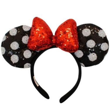 Imagem de Tiara Laço Vermelho Orelhas Preto Branco Minnie Lantejoulas Disney Ofi