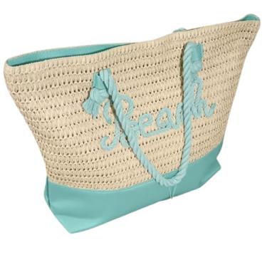 Imagem de Bolsa feminina de palha costeira – leve, grande capacidade e detalhe de praia bordado, Azul claro, Large