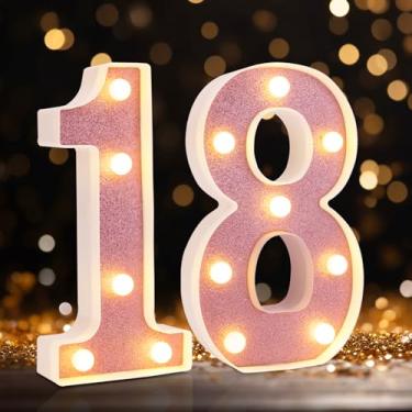 Imagem de DyingSwan Números de iluminação LED, decorações de aniversário de 18 anos, luzes de números de letreiro, placa de iluminação alimentada por bateria para festa de decoração Sweet 18 (glitter rosa)