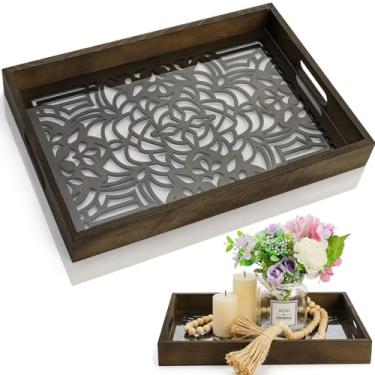 Imagem de Pumtus Bandeja decorativa de madeira, bandeja otomana com alças, bandeja grande de mesa de centro de 38 x 25 cm, bandeja retangular de comida, bandeja de mesa central de fazenda para balcão de