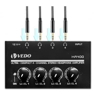 Imagem de ANVAR VEDO Divisor de Áudio Profissional VEDO HA400: Amplificador para 4 Fones Simultâneos com Saída 6.35mm, Baixo Ruído e Controles Individuais - Ideal para DJs, Músicos e Home Studios