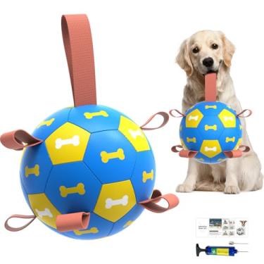 Imagem de Amasiver Brinquedos de bola de futebol para cães com alças - bola grande de pastoreio de 20 cm, brinquedos interativos para cabo de guerra, presentes de aniversário, brinquedo aquático, bolas