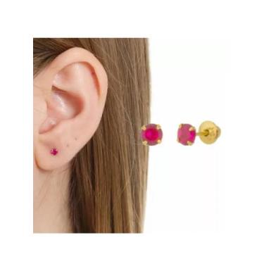 Imagem de Brinco De Ouro Com Pedra Vermelha Rubi Infantil 18k 750 - ZELLO JÓIAS