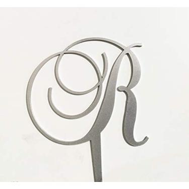 Imagem de Topos de bolo de acrílico monograma em ouro escovado ou prata escovada A B C D E F G H I J K L M N O P R S T U V W (letra R, prata escovada)