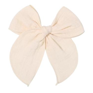 Imagem de Laço de cabelo de fábula marfim de 14 cm: Grampo de cabelo feito à mão de algodão de linho para meninas - 1 peça