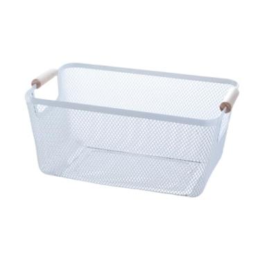 Imagem de ＫＬＫＣＭＳ Cesta de armazenamento de arame de metal com alças de madeira, organizador de cozinha para sala de estar, brinquedos, maquiagem, frutas, Branco, 36 Cm X 22 Cm X 21