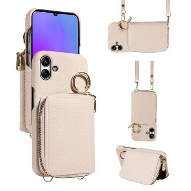 Imagem de Furiet Capa carteira para Samsung Galaxy A05 com fivela de anel de alça de ombro, bolsa de órgão flip de couro PU de luxo, suporte para cartão de crédito, capa de celular de corpo inteiro para Ao5 A