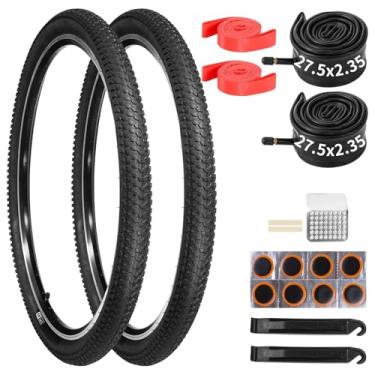 Imagem de yeesport Pneus de bicicleta 27,5, pacote com 2 pneus de 27,5 × 2,35 MTB e tubos de bicicleta de 27,5 × 1,95/2,125/2,3/2,4 com kit de reparo e tiras de aro, pneus de 27,5 MTB e tubos com AV 48 mm para