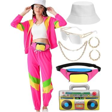 Imagem de VillbeCoser Conjunto de acessórios para fantasia de agasalho feminino dos anos 80 e 90, jaqueta corta-vento neon, Amarelo rosa, X-Large