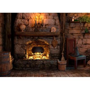 Imagem de SADFA Pano de fundo de conto de fadas, 2,1 x 1,5 m, cabana de bruxa, sala mágica, chapéu de feiticeiro, vassoura de fundos de fotografia voadora, decorações de festa mágica, decoração de festa de