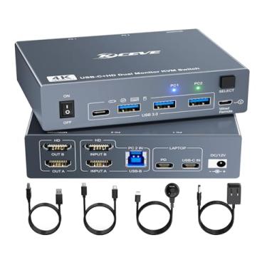 Imagem de KVM Switch 2 Monitores para 1 Laptop e 1 Desktop 4K@60Hz,Switch KVM de Monitor Dual USB C HDMI,KVM de Estação de Docking com 4 portas USB 3.0, PD de 80W, remoto com fio e cabo USB-C incluído
