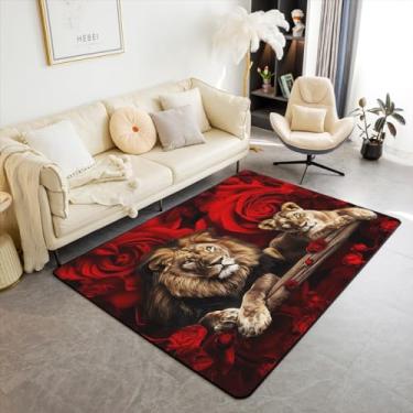 Imagem de Feelyou Tapete de área de leão para crianças, 7,5 x 12,7 cm, floral, rosa, vermelho, para meninos, meninas, adolescentes, 3D, estampa de animais selvagens, sala de estar, flores românticas, tapete