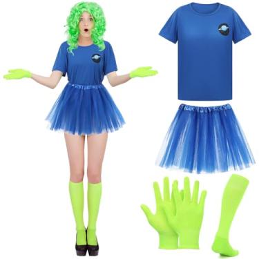 Imagem de Maiteenly 4 peças de fantasia de alienígena história de Halloween camiseta azul tutu saia luva alienígena meias para Halloween mulheres adultas cosplay, Azul e verde fluorescente, GG