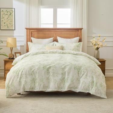 Imagem de Kingrest Conjunto de capa de edredom Queen 100% algodão - jogo de cama macio e respirável, capa de edredom leve com fecho de zíper, bolso profundo de 40,6 cm (folhas verdes)