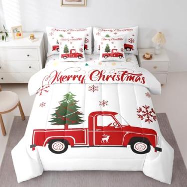 Imagem de Erosebridal Jogo de edredom casal de Natal, árvore de Natal, carros, adultos, flocos de neve, cervo de inverno, luxuoso, macio, branco, vermelho, festival, caminhão, conjunto de lençol