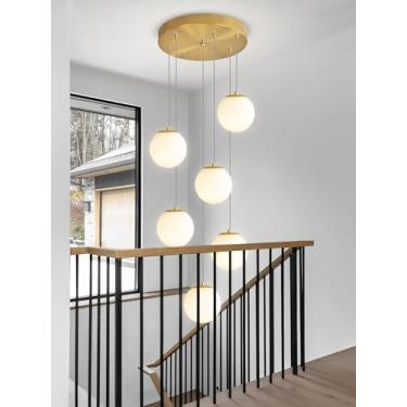 Imagem de H 221 cm Globo de luz pendente 6 luzes moderno lustre pendurado para ilha de cozinha lustre globo de meados do século leite branco vidro pendente iluminação para sala de estar quarto entrada