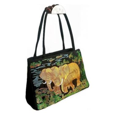 Imagem de Bolsa de ombro de elefante bordada, zíper duplo, alça de contas de madeira, preta com design dourado, 30 x 20 cm