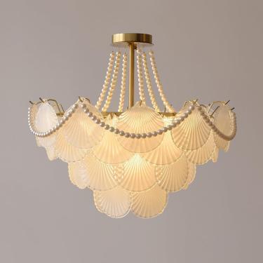 Imagem de Lustre De Vidro Fosco Dourado 20" Pérola Art Deco Lustre De Concha Do Mar 4 Camadas Grande Semi Flush Mount Luz De Teto Redonda Nórdica Moderna Luz Pendente Para Meninas Qua, With Beads