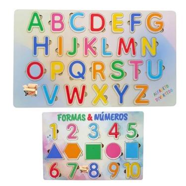 Imagem de Brinquedo Pedagógico Educativo Em Madeira Jogo Alfabeto - Números E Formas De Encaixe (Kit Alfb + Números B)