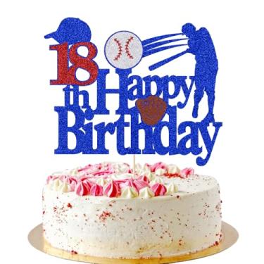 Imagem de AROKIPPRY Topo de bolo com tema de beisebol, esportes, feliz aniversário de 18 anos, jogador de beisebol, decoração de bolo, tema de festa, meninos e meninas, suprimentos de decoração de cupcake de