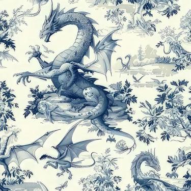 Imagem de Papel de parede selvagem dragão amarelo claro árvore azul descascar e colar papel de contato fácil de remover vinil vintage autoadesivo removível em papel de parede para armário de cozinha adequado