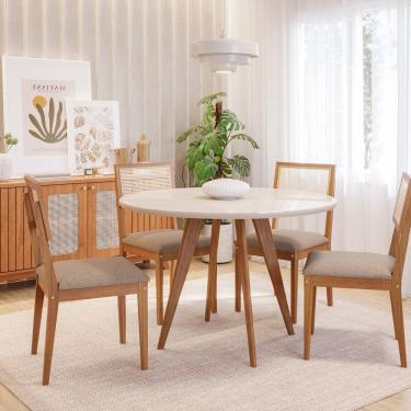 Imagem de Sala de Jantar Mesa Acerola Redonda 109cm com Vidro e 4 Cadeiras Palmas Off White / Bege / Cinamomo