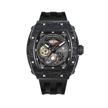 Imagem de TSAR BOMBA Relógios masculinos mecânicos automáticos, analógicos, relógio de pulso esqueleto, relógio de pulso Tonneau, bisel de fibra de carbono, relógio legal com caixa de cristal de safira luminosa