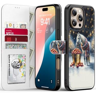 Imagem de FUNMIKO Capa carteira de Natal para iPhone 16 Pro, capa dobrável de couro removível, bloqueio de RFID, 4 compartimentos para cartões, suporte magnético, design moderno, cavalo de Natal e maçã
