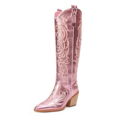 Imagem de iiimmu Botas femininas Cowgirl, cano alto, bico fino, salto bloco, camurça caubói e couro sintético com bordado, Rosa metálico - altura do joelho, 41